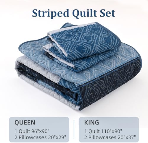 Cottolester Navy Blue Quilt Set Queen,Striped Plaid Bedspread Coverlet Set