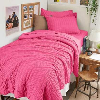 HYMOKEGE Hot Pink Twin XL Comforter Set Seersucker 5 Pieces, All Season Luxury Bed in a Bag for Bedroom, Bedding Set with Comforter, Sheets, Pillowcase & Sham