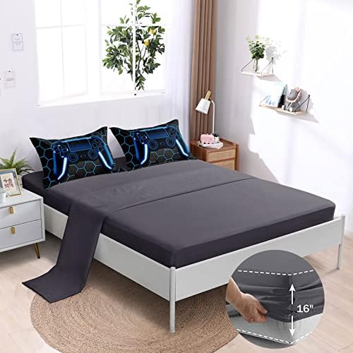BDUCOK 6 Piece Gamer Comforter Sets Bed in A Bag for Boys Teen Kids,Honeycomb Gaming Bedding Sets Gamepad Comforter Microfiber Bed Set for All Season Gamer Home Decor(Blue,6 Piece Sets30022-Full)