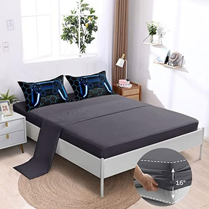 BDUCOK 6 Piece Gamer Comforter Sets Bed in A Bag for Boys Teen Kids,Honeycomb Gaming Bedding Sets Gamepad Comforter Microfiber Bed Set for All Season Gamer Home Decor(Blue,6 Piece Sets30022-Full)