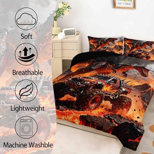 AILONEN Dino Monster Truck Comforter Set Full 3 Piece - Black Volcano Flame Bedding for Kids Boys - Soft Microfiber with 2 Pillowcases