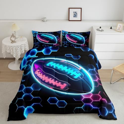 Erosebridal Rugby Sports Comforter Set for Kids Boys Girls Football Bedding Honeycomb Hexagon Duvet Set Colorful Neon Lights Comforter Full with 2 Pillowcases