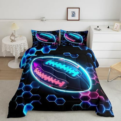 Erosebridal Rugby Sports Comforter Set for Kids Boys Girls Football Bedding Honeycomb Hexagon Duvet Set Colorful Neon Lights Comforter Full with 2 Pillowcases