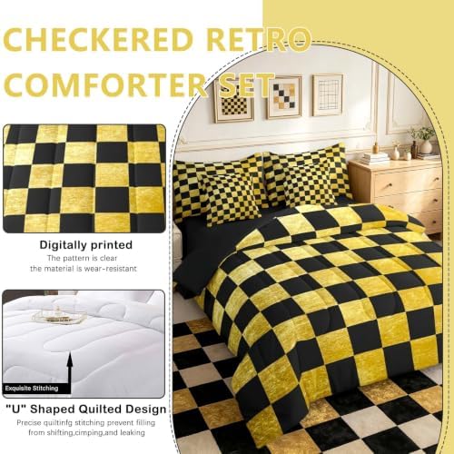 Checkered Retro Comforter Set With Sheets 7 Piece King Size Golden Black Plaid Bed in a Bag Kids Boys Girls Geometric Vintage Bedding Set Modern Simple Groovy Aesthetic Bedroom Decor Breathable Soft
