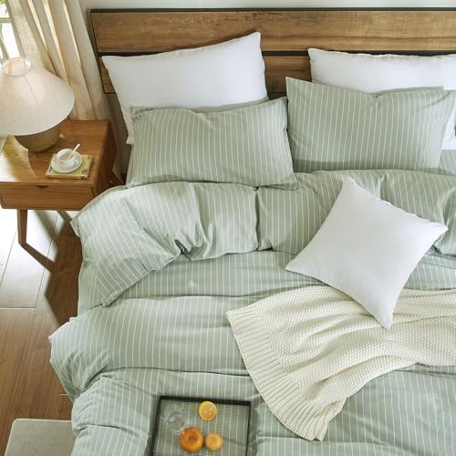 Striped Duvet Cover Set 100% Washed Cotton Linen Feel Queen