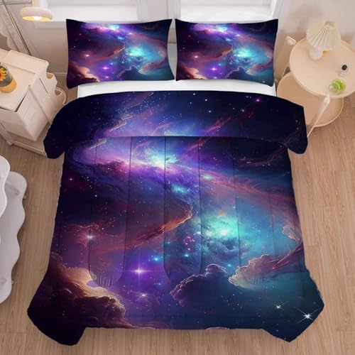 Galaxy Bedding Set Twin Size Blue Purple Outer Space Comforter Sets for Girls Boys Kids Teens Women Starry Glitter Nebula Quilt 1 Comforter + 1 Pillow Case