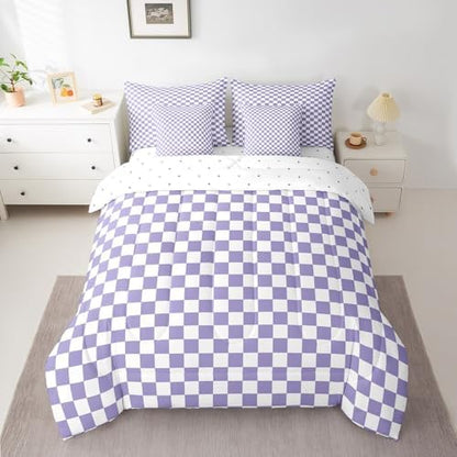 jejeloiu Purple and White Bedding Set 7Pcs King Size Kids Plaid Checkered Comforter Set with Sheets for Boys Girls Classic Grid Buffalo Check Bed in a Bag Soft Lightweight,Microfiber