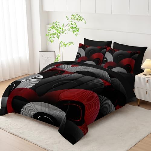 7 Piece Black and Red Queen Comforter Set Geometric Pattern，Geometric Bedding Set Boys，Geometric Bedroom Decor，(1 Comforter, 1 Flat Sheet, 1 Fitted Sheet, 2 Pillowcase and 2 Pillow Sham)