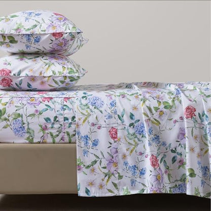 FADFAY Garden Floral King Sheet Set, 100% Cotton Botanical Print Bedding, Soft Breathable 4-Piece Bed Sheets with Deep Pocket, All Season