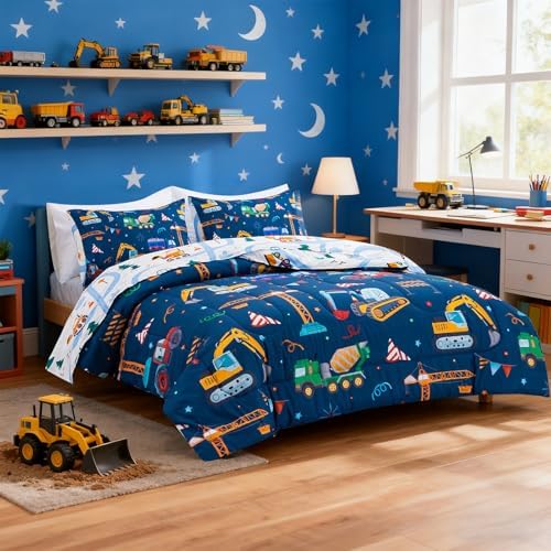 Holawakaka Boys Construction Truck Excavator Twin Comforter Set with Sheets