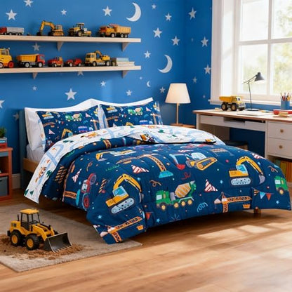 Holawakaka Boys Construction Truck Excavator Twin Comforter Set with Sheets