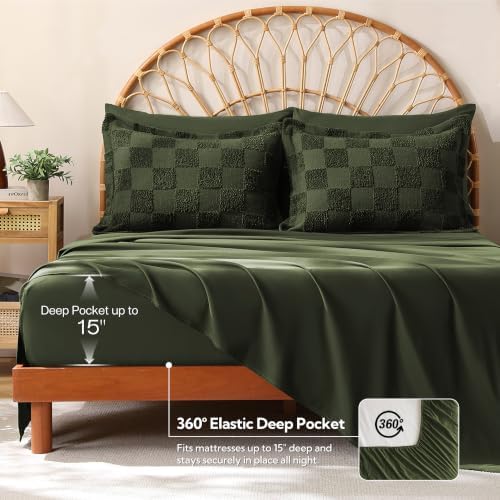MR&HM King Comforter Set 7 Pieces, Checkered Boho Bed Set Dark Olive Green