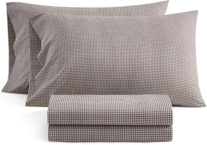 Martha Stewart - Twin Sheet Set with Fitted Sheet & Pillowcase, Cotton Percale Bedding with a Smooth Feel, Deep Pocket, Gingham Brown