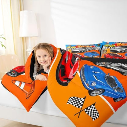 Feelyou Boys Race Car Comforter Set All Season Sports Racing Car Bedding Set with 2 Pillow Cases Extreme Sports Microfiber Kids King Bedclothes Bedroom Decor Duvet Quilt Breathable Soft Lightweight