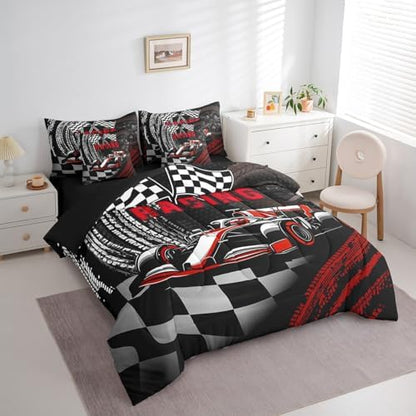 Racing 7 Pcs Comforter Set King Size Bed in a Bag,Extreme Race Car Player Bed Set Room Decor,Abstract Wheel Print Bedding Sets with Comforter,Flat,Fitted Sheet,Pillowcases,Pillow Covers