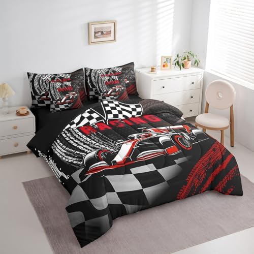 Racing 7 Pcs Comforter Set Twin Size Bed in a Bag,Extreme Race Car Player Bed Set Room Decor,Abstract Wheel Print Bedding Sets with Comforter,Flat,Fitted Sheet,Pillowcases,Pillow Covers