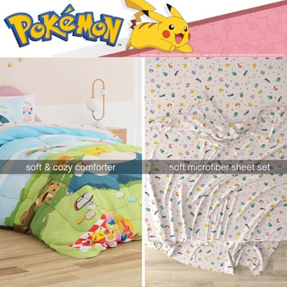 Pokemon Bedding Super Soft Comforter and Sheet Set with Sham, 4 Piece Twin Size, Featuring Snorlax, Pikachu, Eevee & Jigglypuff (Officially Licensed Product) by Franco