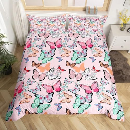 Girls Pink Bedding Set Cute Cartoon Butterfly Printed Comforter Cover Queen For Boys Kids Teens Soft Reversible Duvet Cover Colorful Butterfly s Pattern Bedspread Christmas Theme Quilt Cover