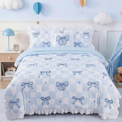 ADASMILE A & S Blue Bow Bedding Twin Size for Girls Kids Ruffle Bedding Set