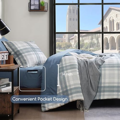 Plaid Twin XL Comforter Set Blue Grey 5 Pieces College Dorm Bed in a Bag