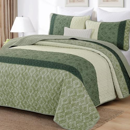 Cottolester Sage Green Quilt Set King,3 Pcs Summer Striped Bedspread Set