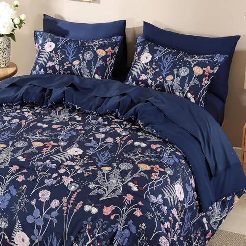 Yiran California King Comforter Set, 7 Piece Summer Navy Floral Comforters Bedding Set, Oversized King Bed in a Bag with Flowers Soft Lightweight Complete Set with Sheets for All Season