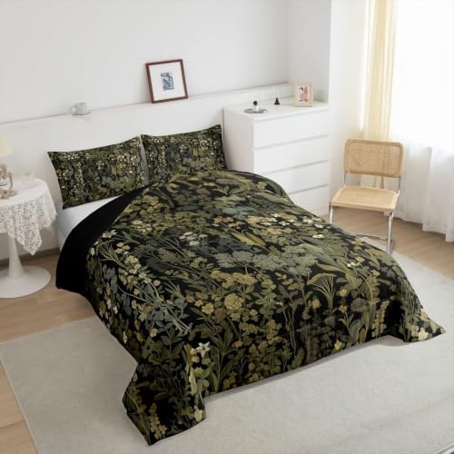 Homewish Retro Botanical Comforter Set King Size Dark Green Bedding