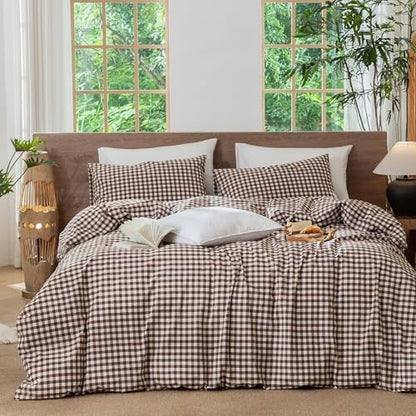 MooMee Gingham Duvet Cover Set 100% Washed Cotton Linen Like