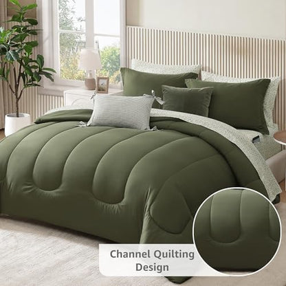 King Size Comforter Set-7 Pieces Green Soft Bed in a Bag King Bedding Sets