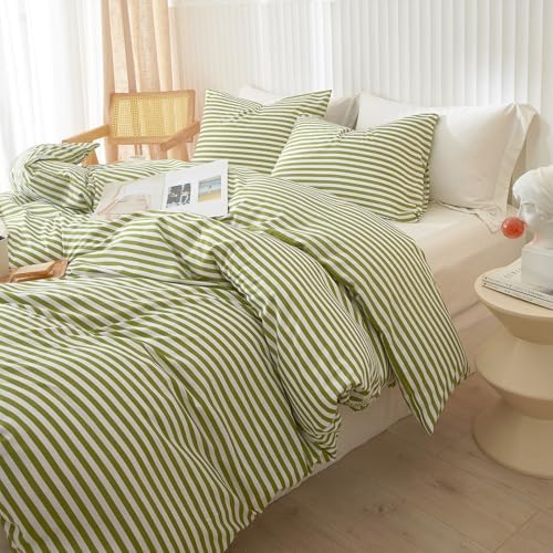LifeTB Striped Comforter Set Full Size 3 Piece Soft Fluffy Green White Stripes Pattern Printed Bedding Set Lightweight Breathable Comforter Set Farmhouse Striped Bedding Comforter with 2 Pillowcases