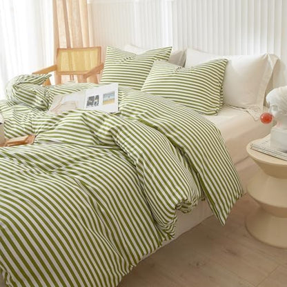 LifeTB King Size Comforter Set Modern Striped Comforter Set King Green White Stripes Pattern Comforter 3 Pieces Lightweight Bedding Comforter Set Boho Stripe Soft Fluffy Comforter with 2 Pillowcases