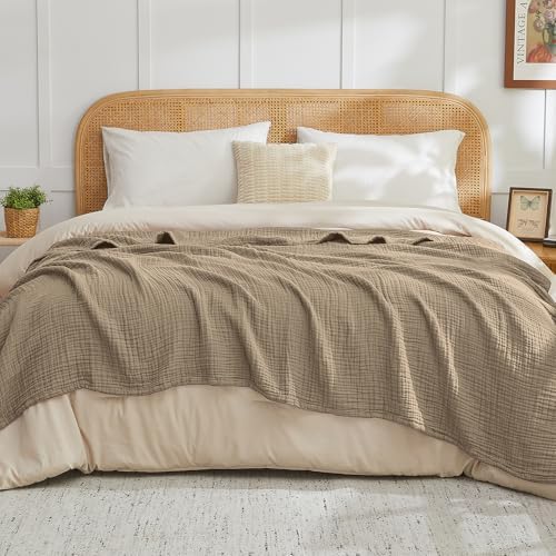 EMME Muslin Blankets for Adults Throw Blanket for Couch Breathable Gauze Soft Lightweight Airy Tan Super King