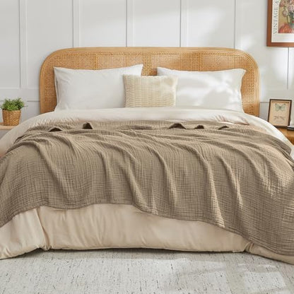 EMME Muslin Blankets for Adults Throw Blanket for Couch Breathable Gauze Soft Lightweight Airy Tan Super King
