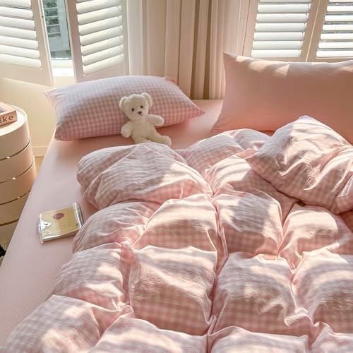 mixinni Light Pink Gingham Comforter Set King - 3 Piece Plaid Bedding Set, All-Season Soft Washed Cotton, Farmhouse Grid Pattern, Includes 1 Comforter & 2 Pillow Shams for Women Men