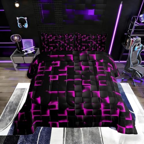 Erosebridal Neon Black Purple Comforter Set Toddler Violet Geometric Checkered Bedding Set for Kids Teen Adults Gaming Room Decor,Abstract Ombre Plaid Comforter Grids Quilt Duvet