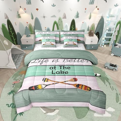 Erosebridal Lake House Bedding Set for Kids Teens,Rustic Oars Paddle Comforter Set Queen Size,Wooden Plank (Comforter+Fitted+Flat Sheet+2 Pillowcases+2 Throw Pillow Covers) 7 Pieces Bed Set