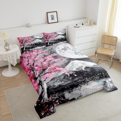 Castle Fairy Japanese Ukiyoe Comforter Set Twin Size,Fuji Mountain Scenery Quilt Set for Kids Girls Boys Home Room Decor Pink Cherry Blossoms Tree Bedding Set Retro Oil Painting Art Duvet Insert 2pcs