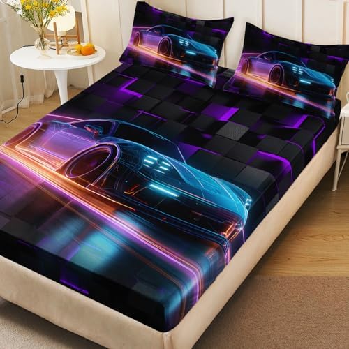 HOSIMA Boys Race Car Bedding Sets Full,1 Fitted Sheet+2 Pillowcases.