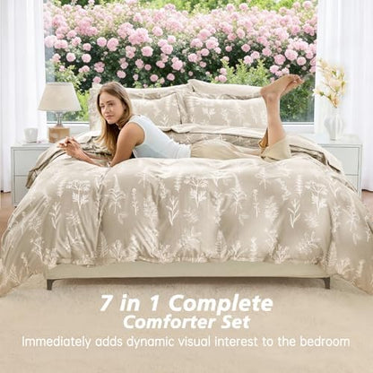 MUXHOMO Beige Full Comforter Set, Elegant Floral Print Bed in a Bag 7 Pieces, Ultra Soft & Breathable Reversible Botanical Pattern Bedding Set with Comforter, Sheets, Pillowcases, and Shams