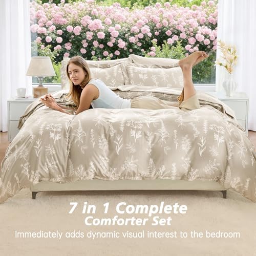MUXHOMO Beige King Comforter Set, Elegant Floral Print Bed in a Bag 7 Pieces, Ultra Soft & Breathable Reversible Botanical Pattern Bedding Set with Comforter, Sheets, Pillowcases, and Shams