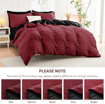 HYMOKEGE Red/Black Oversized King Comforter Set Seersucker 7 Pieces, All Season Luxury Bed in a Bag for Bedroom, Bedding Set with Comforter, Sheets, Pillowcases & Shams
