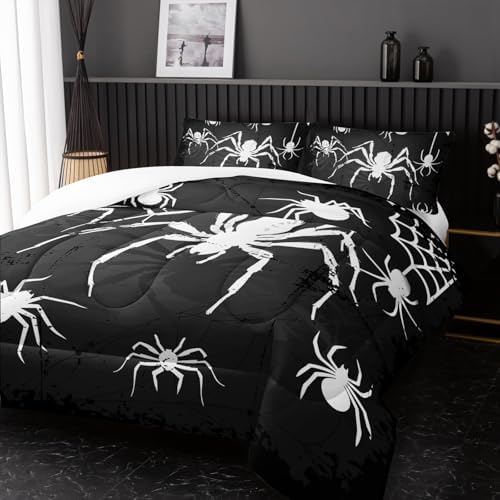 Nttopship Boys Spider Printed Comforter Set Bed in A Bag King Size 3PCS Black Bedding Set Cool White Spider Bedding Set Girls Boys Bedroom Decor with 2 Pillowcases, Lightweight All Season