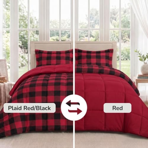 downluxe Twin Comforter Set Soft Reversible 2 Pieces, Plaid Red/Black