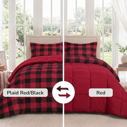 downluxe Twin Comforter Set Soft Reversible 2 Pieces, Plaid Red/Black