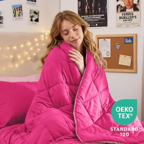 MUXHOMO 5 Pieces Twin XL Comforter Set, Reversible Bed in a Bag Twin XL Size, All Season Bedding Set with Comforter, Flat Sheet, Fitted Sheet, Pillowcases & Shams, Hot Pink & Baby Pink