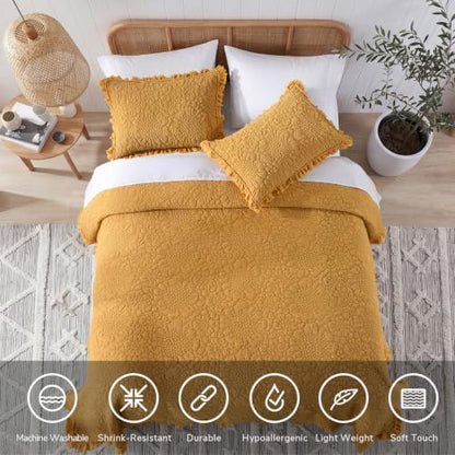HORIMOTE HOME Yellow Ruffled Quilt Twin Size, Shabby Chic Floral Quilt Set Lightweight Crinkled Farmhouse Rustic Bedding Set, 2 Pieces Reversible Bedspread with 1 Pillow Sham for All Season