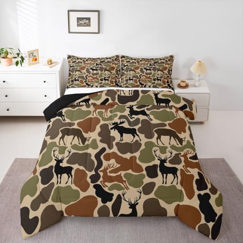 Homewish Deer Camo Comforter Set Queen Size,Army Green Camouflage Bedding Sets 3Pcs for Kids Women Room Decor,Hunting Deer Quilted Duvet Hunt Wild Animals Down Comforter,2 Pillowcases