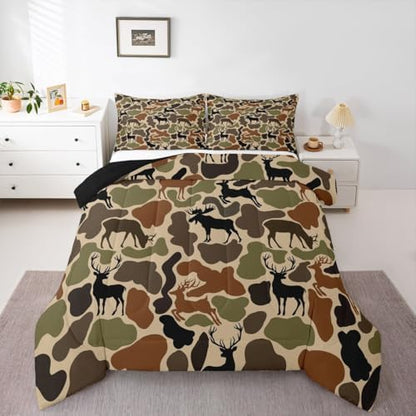 Homewish Deer Camo Comforter Set Queen Size,Army Green Camouflage Bedding Sets 3Pcs for Kids Women Room Decor,Hunting Deer Quilted Duvet Hunt Wild Animals Down Comforter,2 Pillowcases