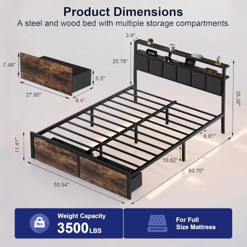 Full Bed Frame with Storage Drawers, Upholstered Headboard with LED Lights and Charging Station, Metal Platform Bed with 2-Tier Storage Shelves, Noise Free, No Box Spring Needed