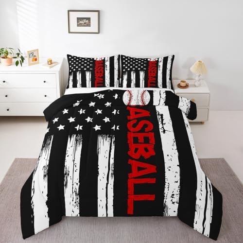 Erosebridal American Flag Bedding King Red Baseball Print Comforter 3pcs Kids Sports Gaming Bedding Comforter Sets for Boys Baseball Quilt Retro Stripes Bedroom Set for All Seasons with 2 Pillowcase